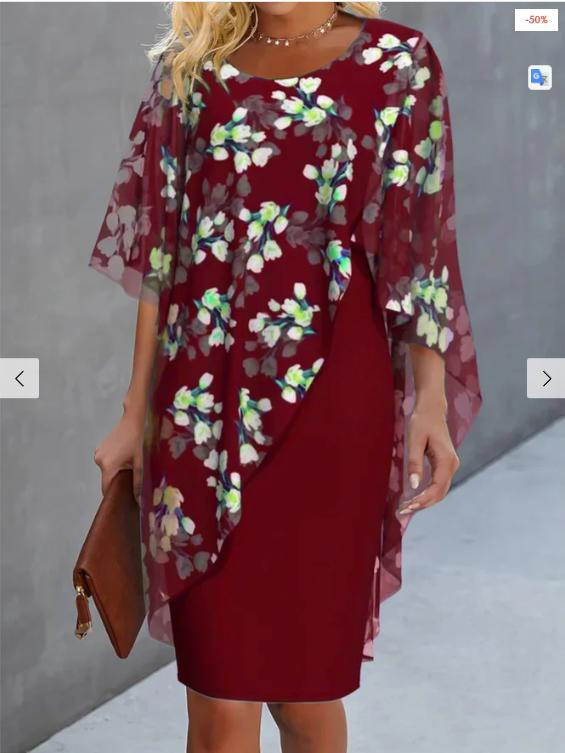 Floral Round Neck Chiffon Cape Sheath Midi Dress