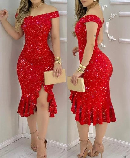 Off Shoulder Floral Print Ruffle Hem Bodycon Midi Dress - View 5
