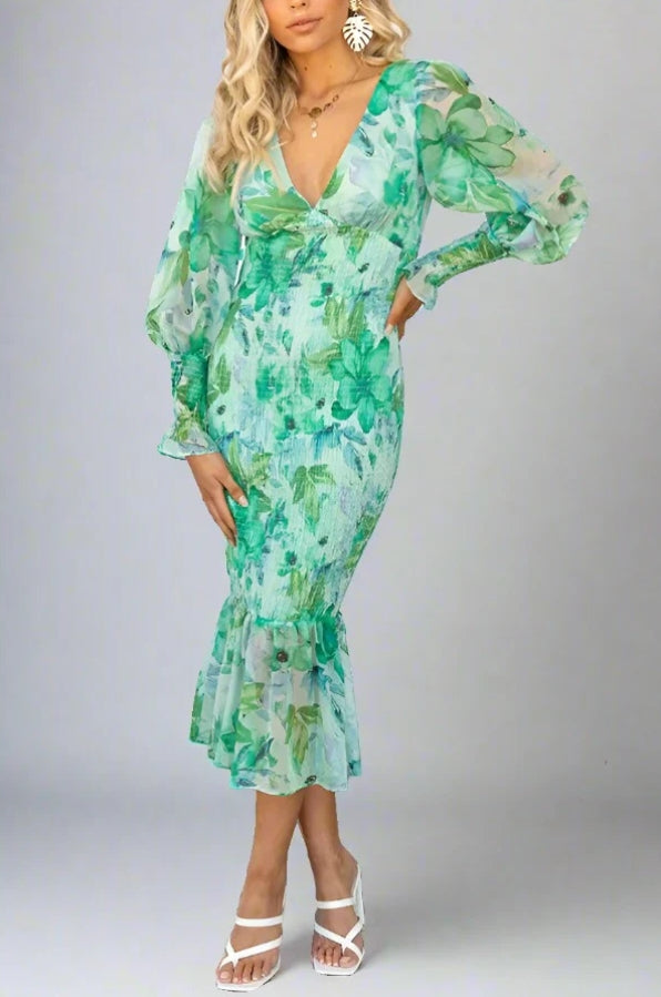 Floral Deep V-Neck Long Sleeve Mermaid Midi Dress