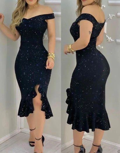 Off Shoulder Floral Ruffle Hem Bodycon Midi Cocktail Dress - View 3