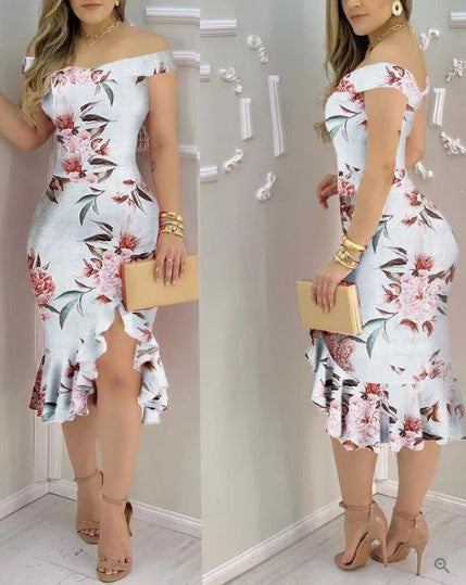 Off Shoulder Floral Ruffle Hem Bodycon Midi Cocktail Dress