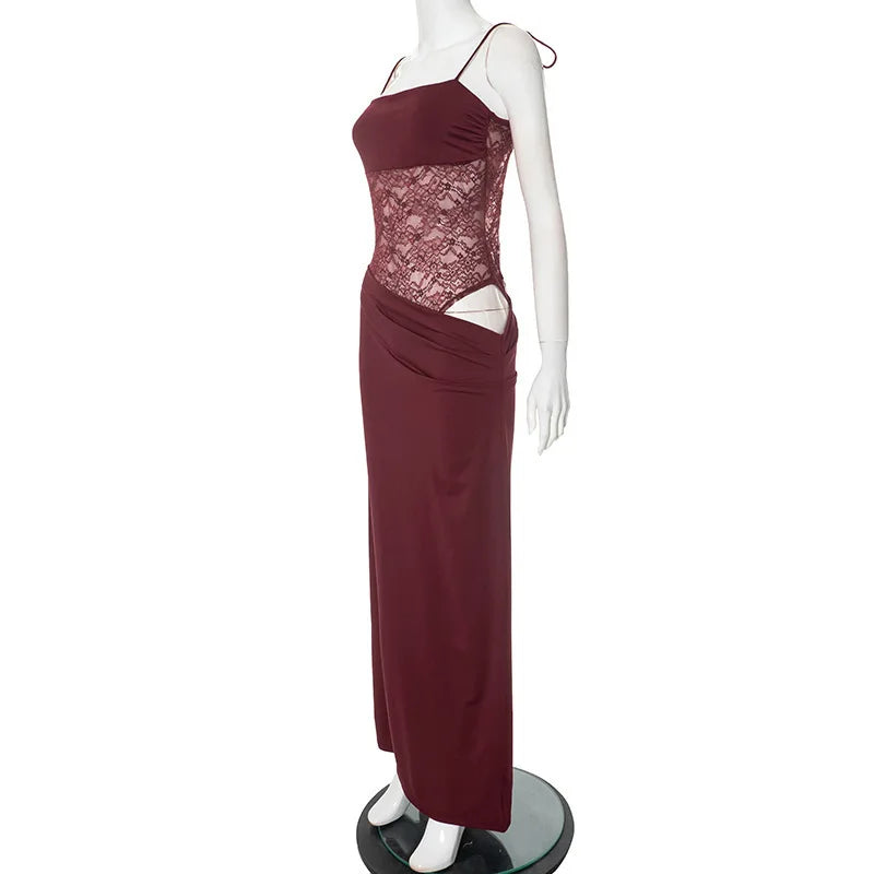Spaghetti Strap Sheer Lace Hollow Out Long Dress - View 8
