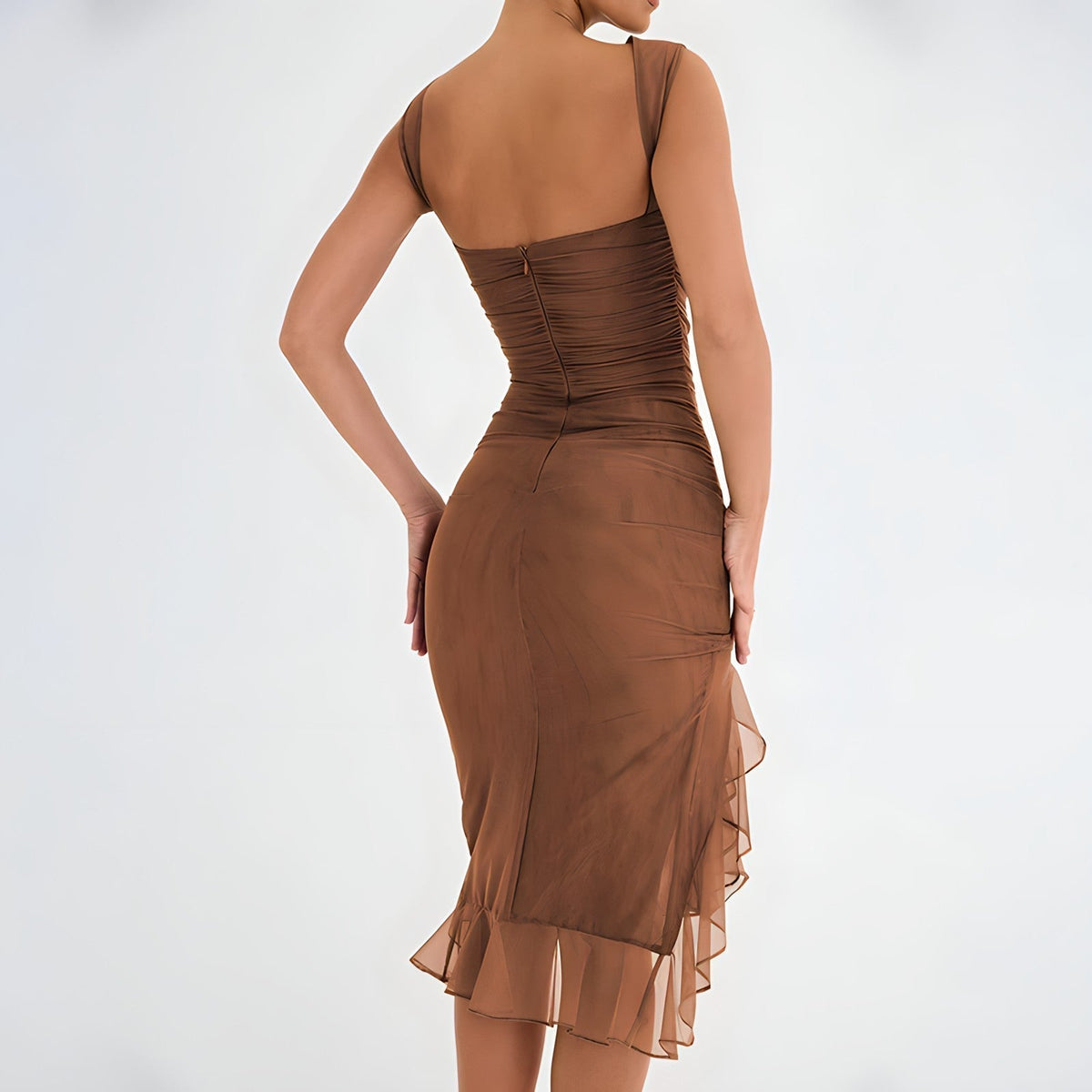 Sleeveless Crew Neck Bodycon Ruched Asymmetric Ruffle Hem Midi Dress - View 16