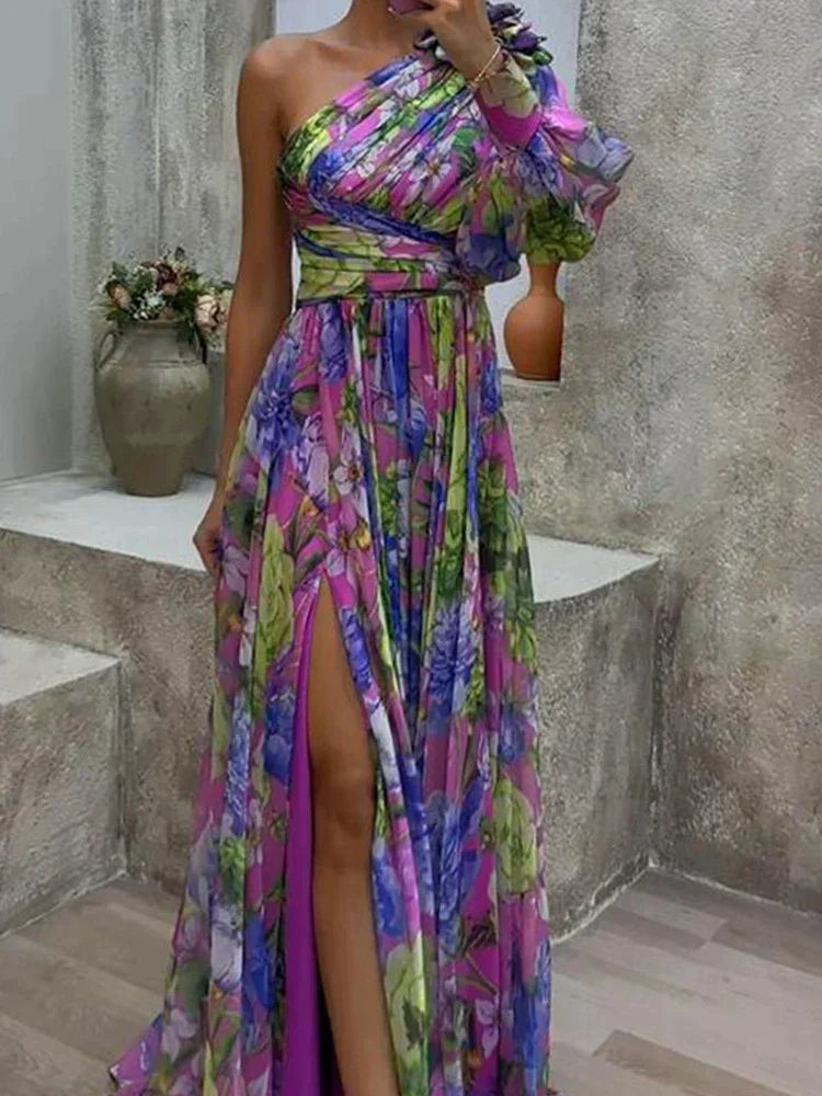 Floral Print One Shoulder Puff Sleeve Pleated High Split Maxi Dress