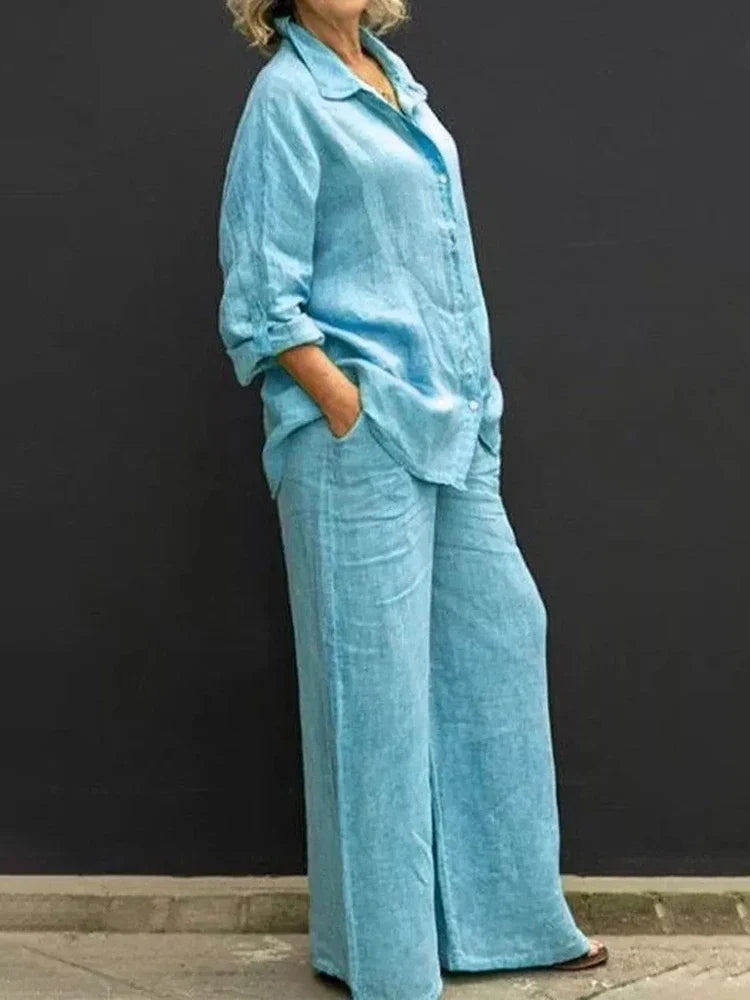 Long Sleeve Button Front Shirt and Wide Leg Pants Two Piece Set 4