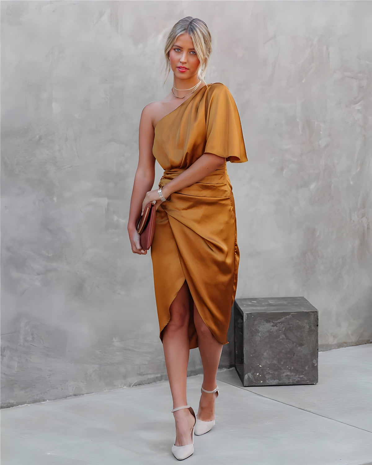 Satin One Shoulder Ruched Wrap Tulip Hem Cocktail Midi Dress - View 13