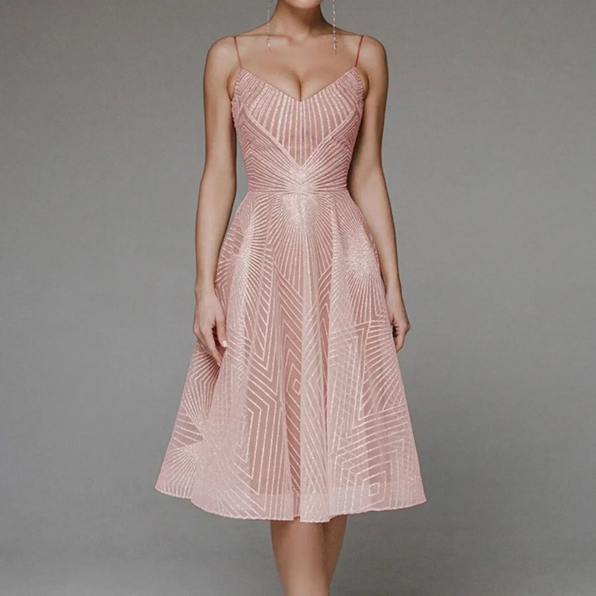 Sequin Mesh Geometric Pattern Spaghetti Strap Cocktail Dress - View 5