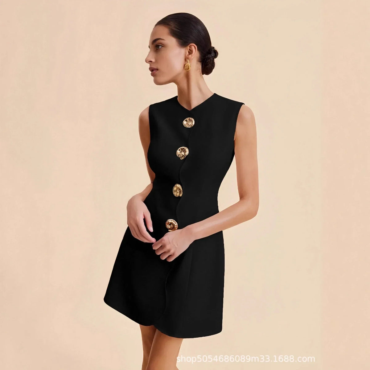 Sleeveless Button Front Asymmetric Neck A-Line Mini Dress 2