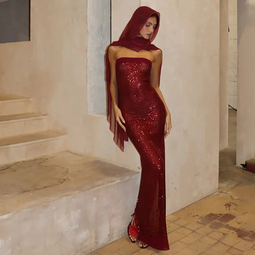 Strapless Sequin Slit Backless Dress - View 4