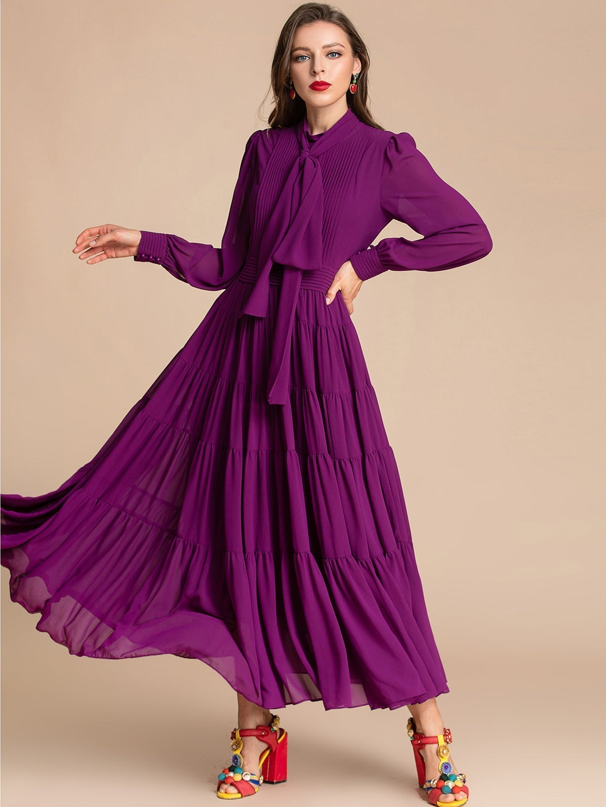 Tie Neck Long Sleeve Pintuck Tiered Maxi Dress 3