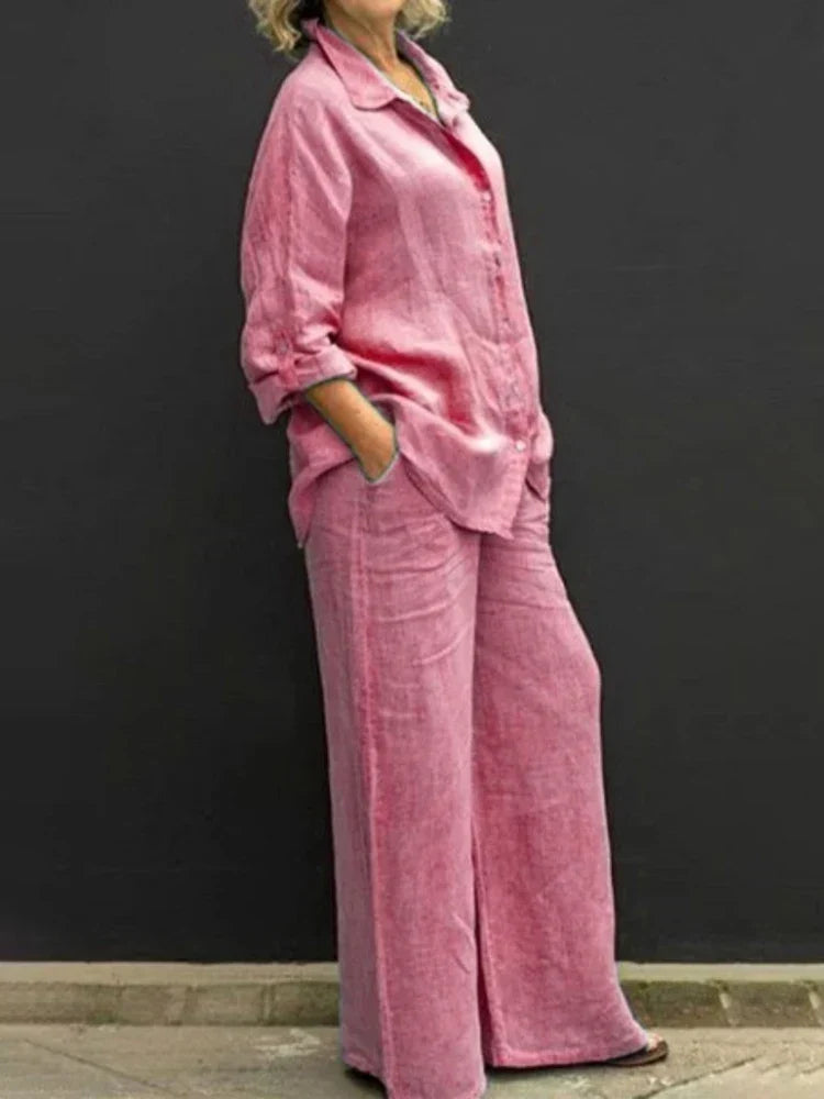 Long Sleeve Button Front Shirt and Wide Leg Pants Two Piece Set 7