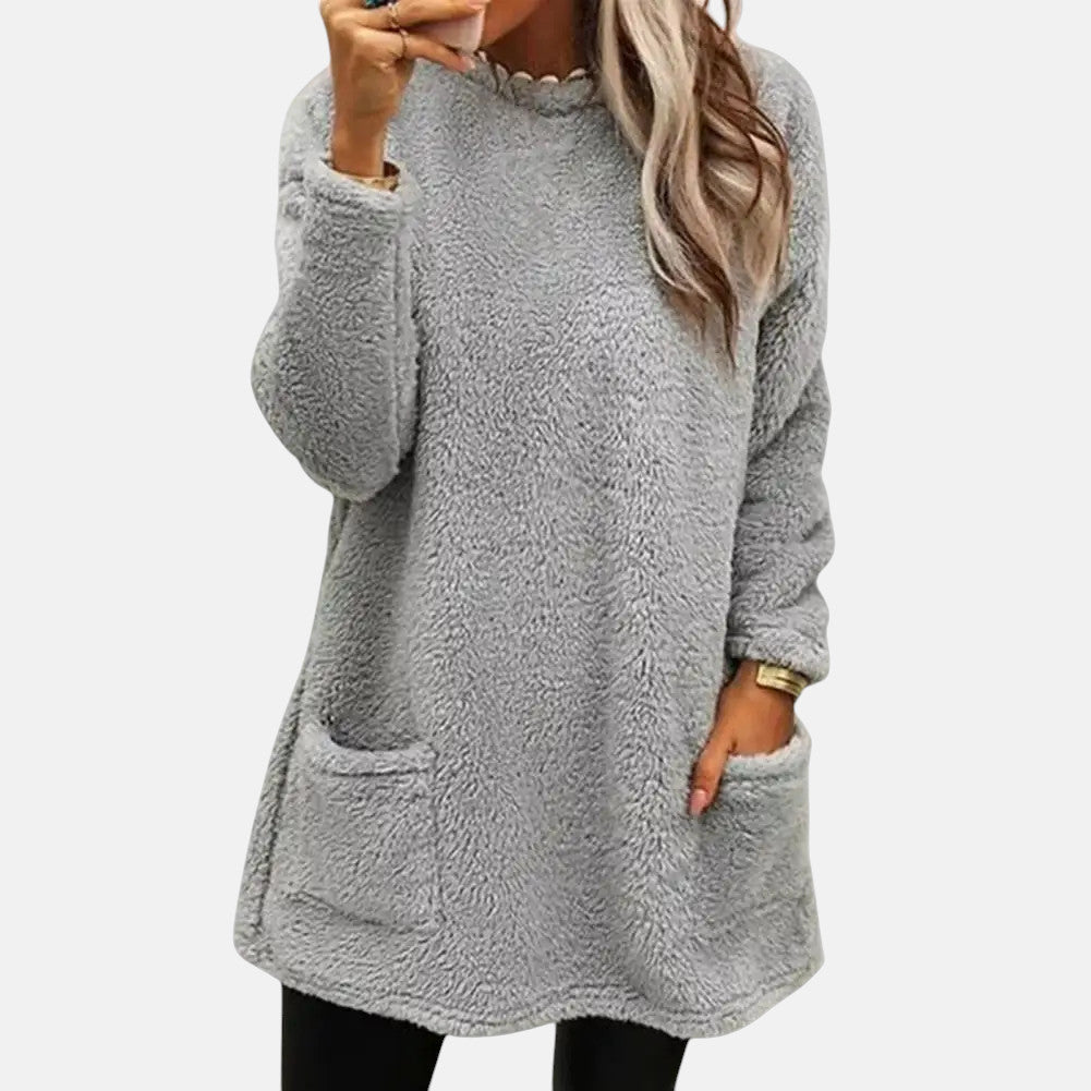 Round Neck Long Sleeve Pocket Fleece Tunic Top 2