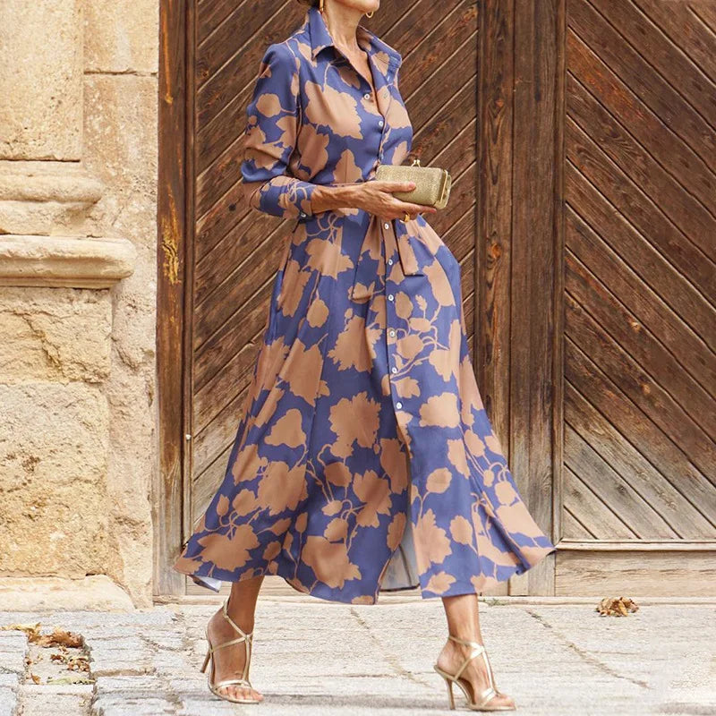 Leaf Print Collared Long Sleeve Button Front Maxi Shirt Dress