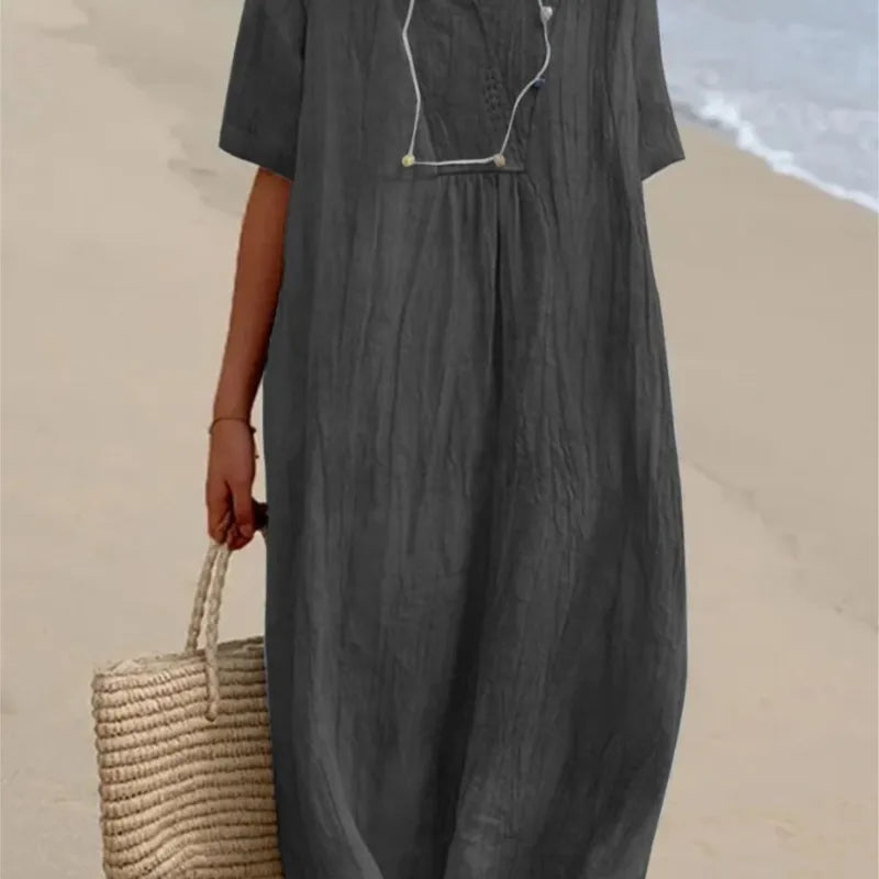 Split Neck Short Sleeve Linen Look Maxi Dress 7