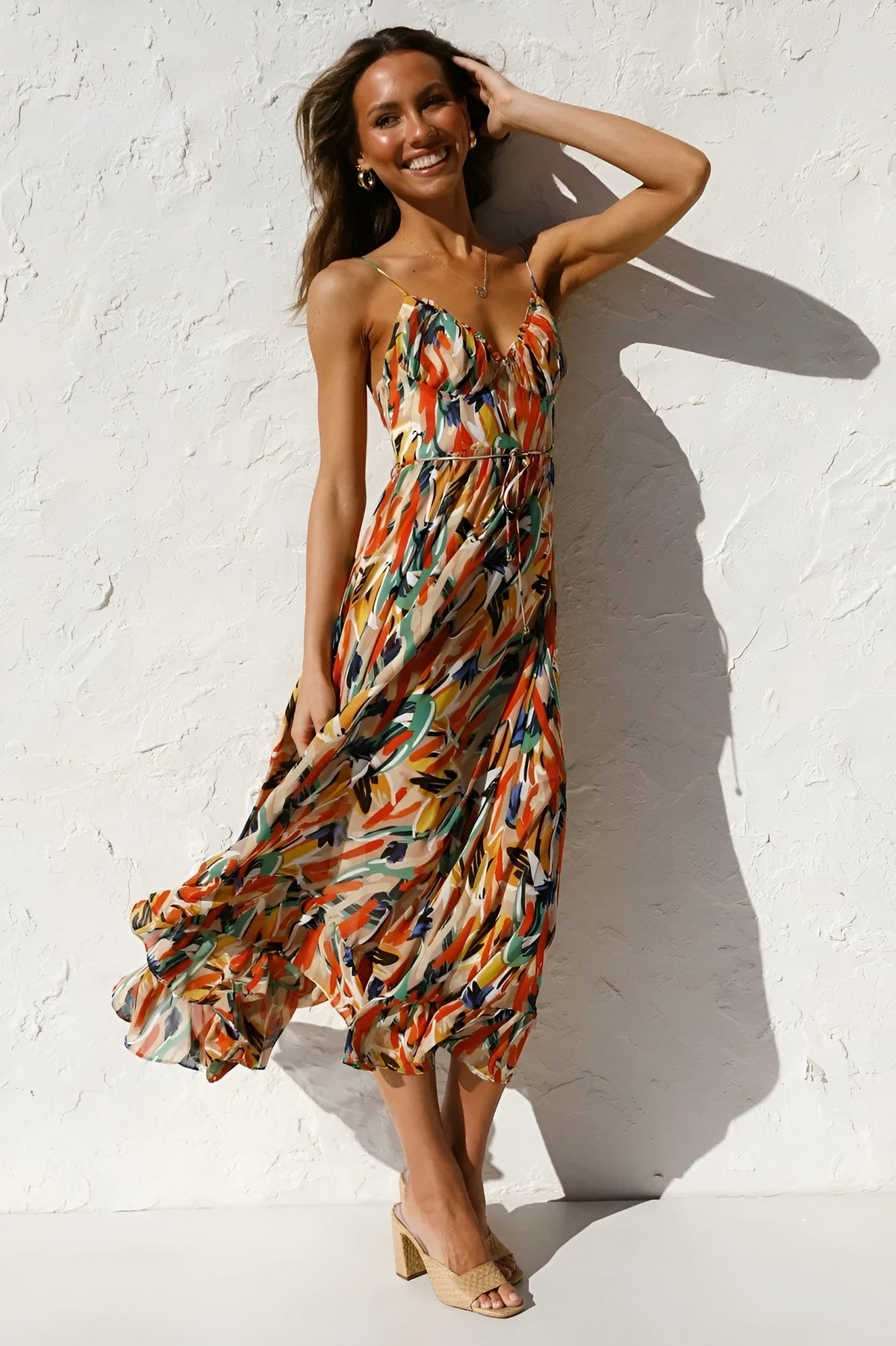 Abstract Print V-Neck Spaghetti Strap Tiered Midi Dress