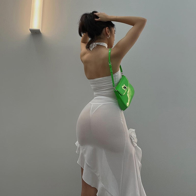 Halter Neck Backless Ruffle Sheer Mesh Midi Dress - View 11