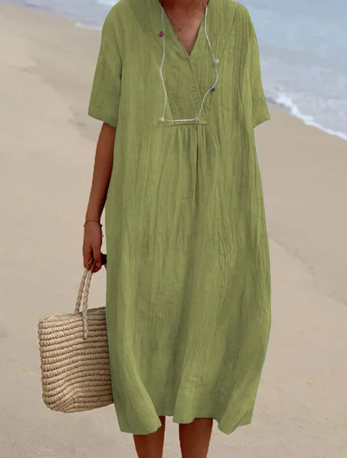Split Neck Short Sleeve Linen Look Maxi Dress 10