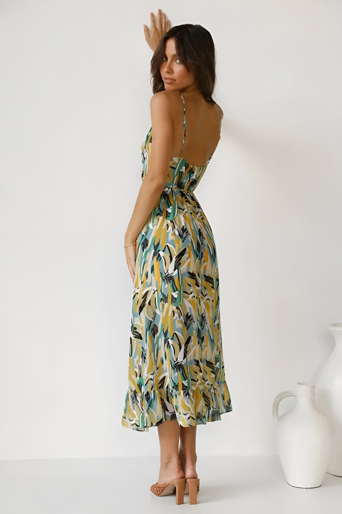 Abstract Print V-Neck Spaghetti Strap Tiered Midi Dress 8