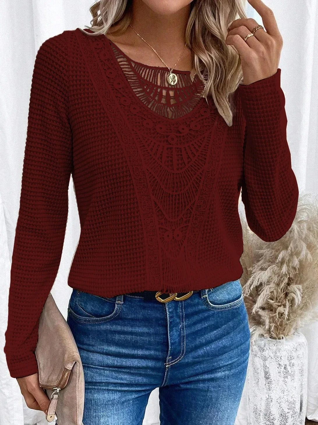 Crochet Lace Panel Round Neck Waffle Knit Long Sleeve Top 4