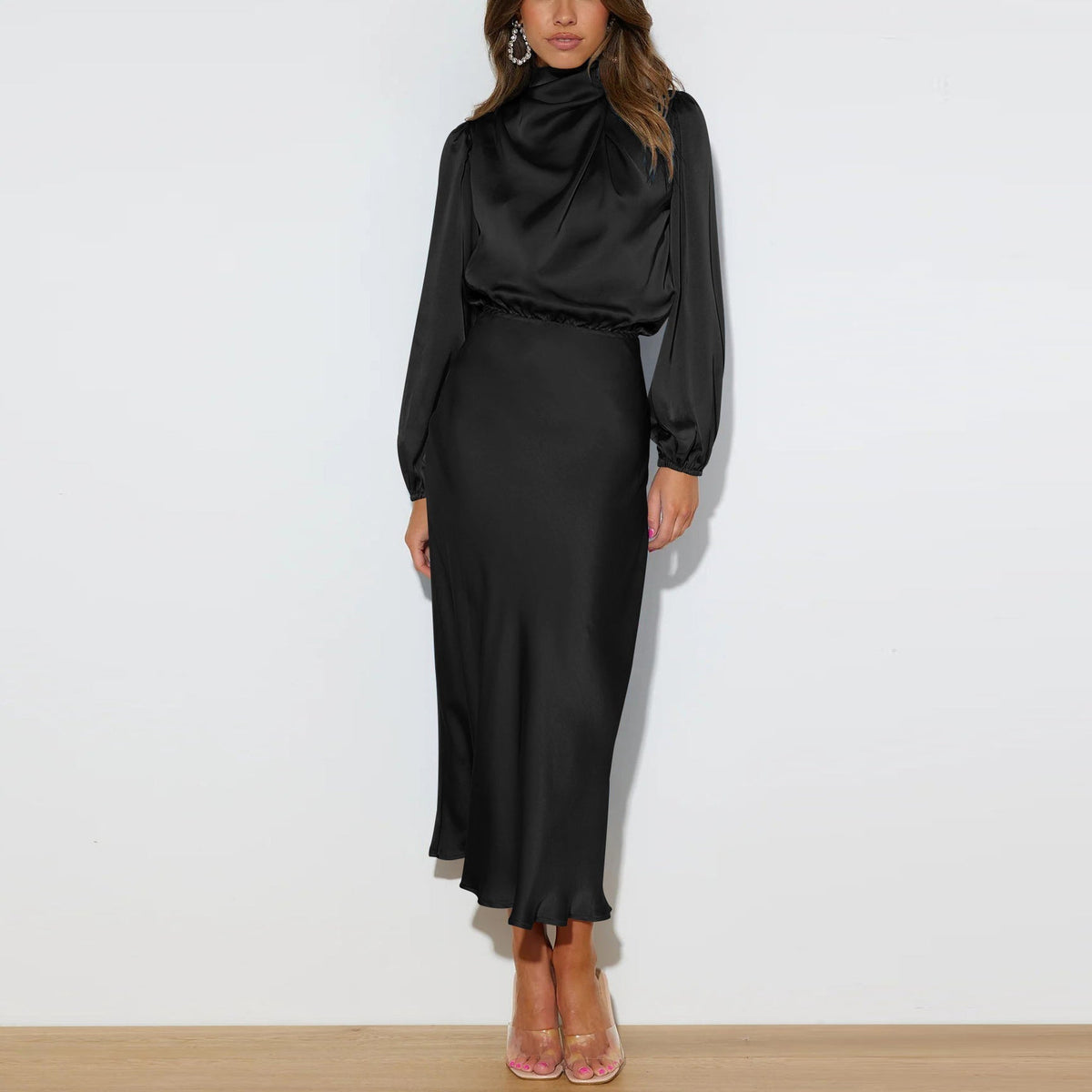 Satin Mock Neck Blouson Long Sleeve Elastic Waist Midi Dress - View 6