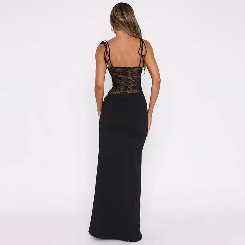 Spaghetti Strap Sheer Lace Hollow Out Long Dress - View 15
