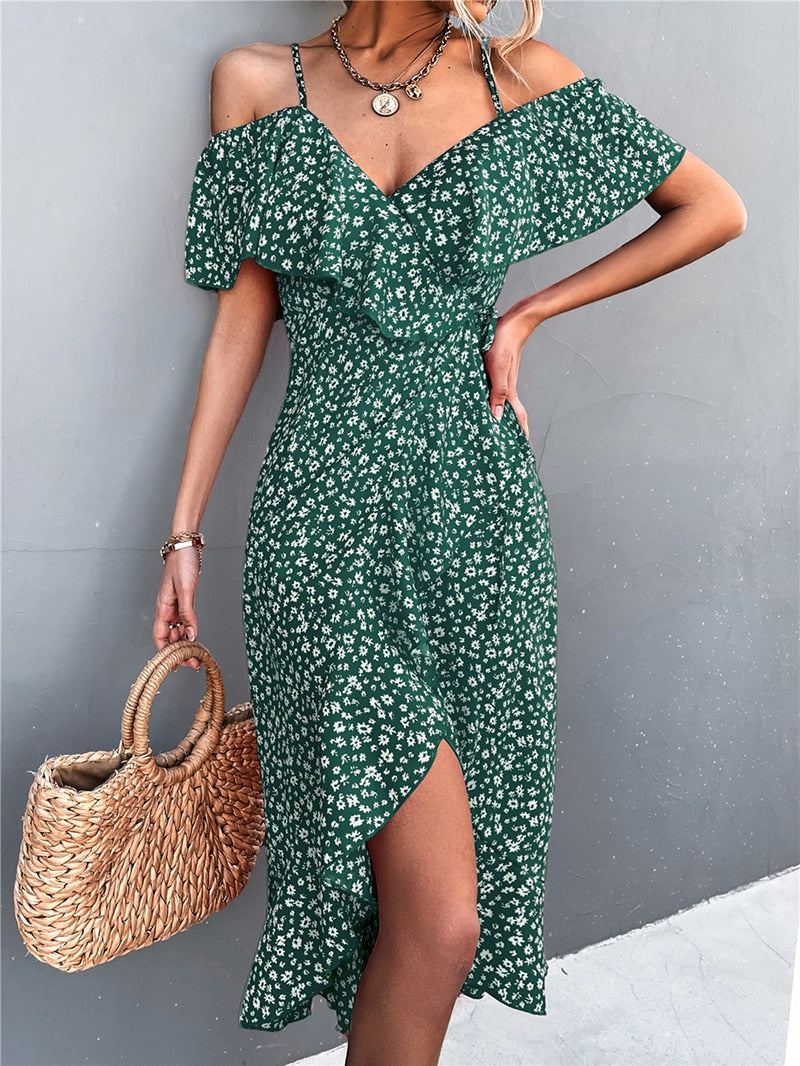 Floral Print Spaghetti Strap Cold Shoulder Ruffle Wrap Midi Dress - View 2