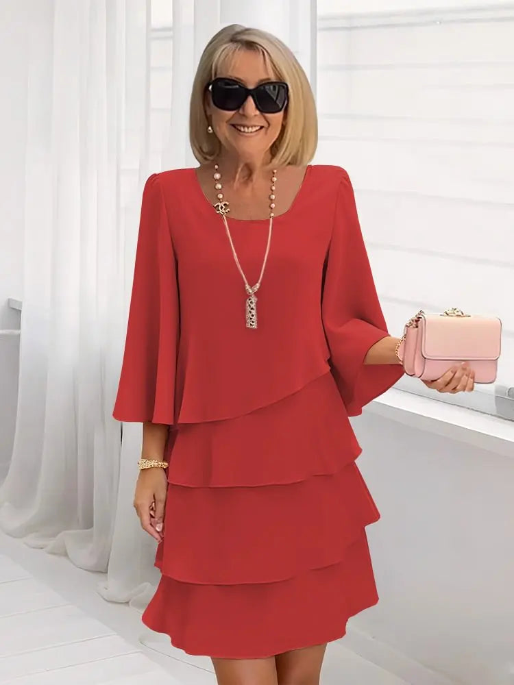 Square Neck Bell Sleeve Tiered Ruffle Chiffon Dress 3