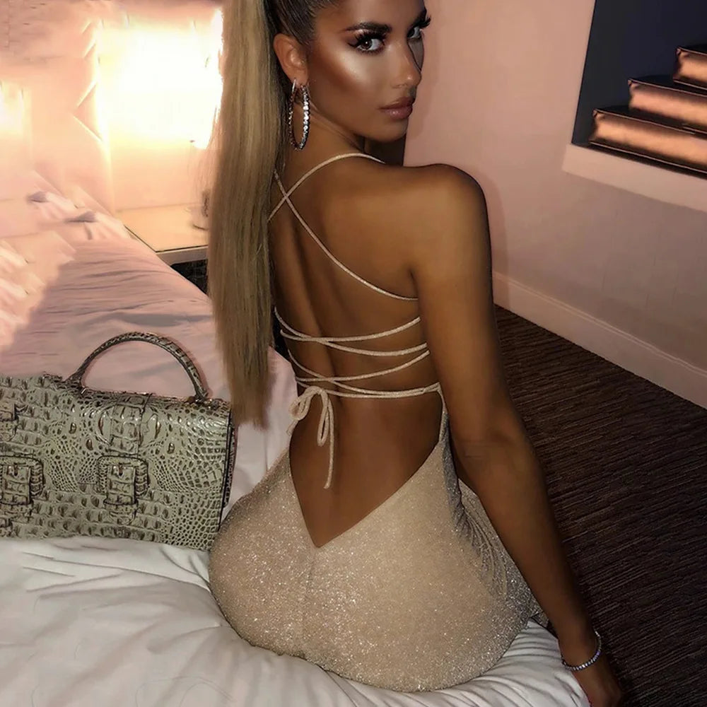 Diamond Low-Neck Backless Lace Up Slip Dress - View 2