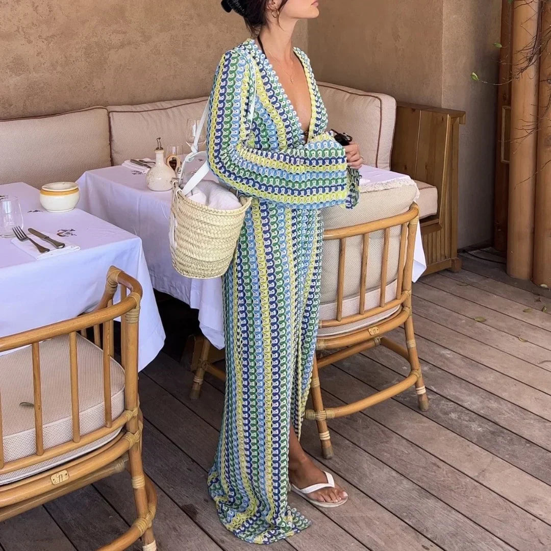 Crochet Deep V-Neck Bell Sleeve Scalloped Knit Maxi Dress - View 5