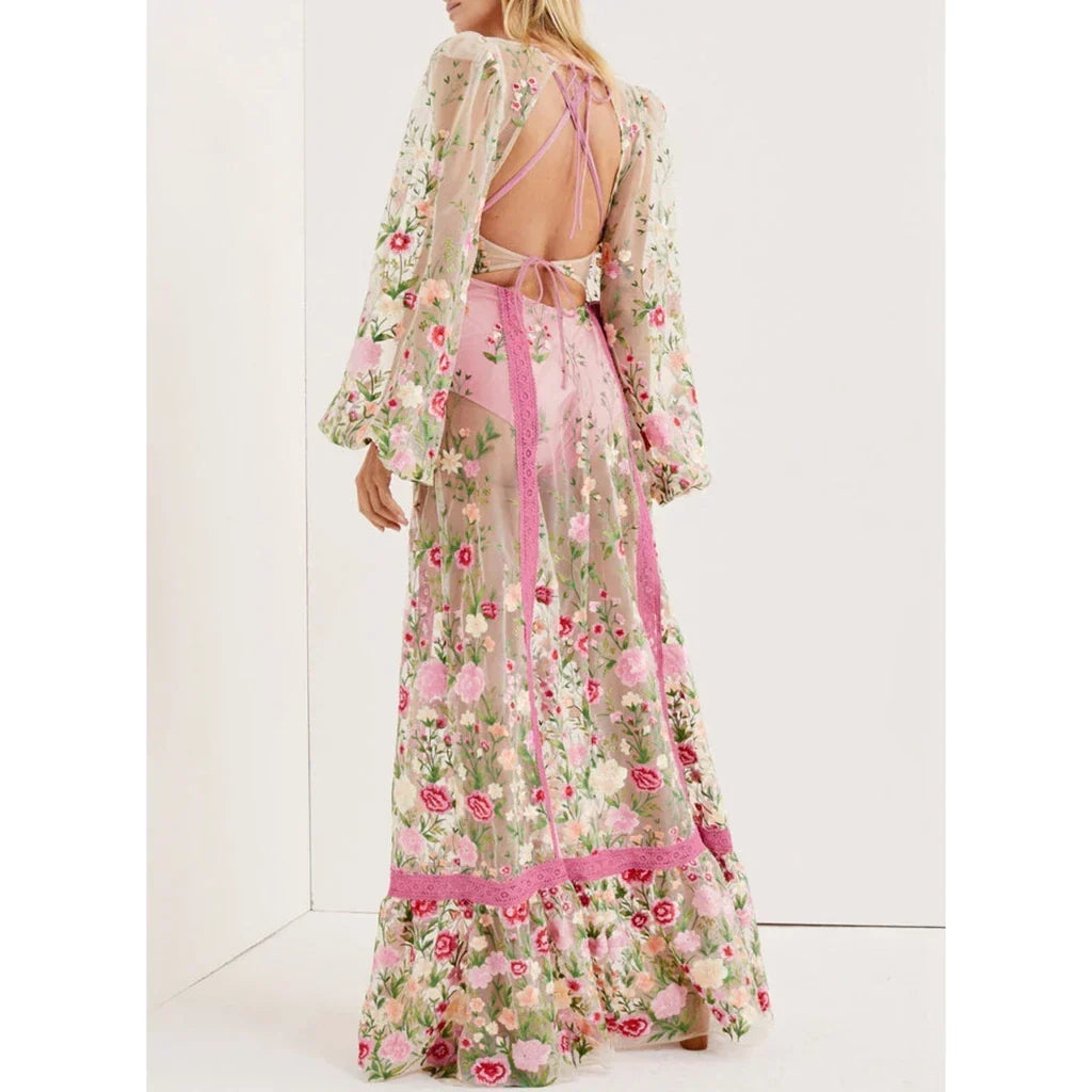 Floral Embroidery Mesh Bishop Sleeve Deep V-Neck Maxi Gown - View 3