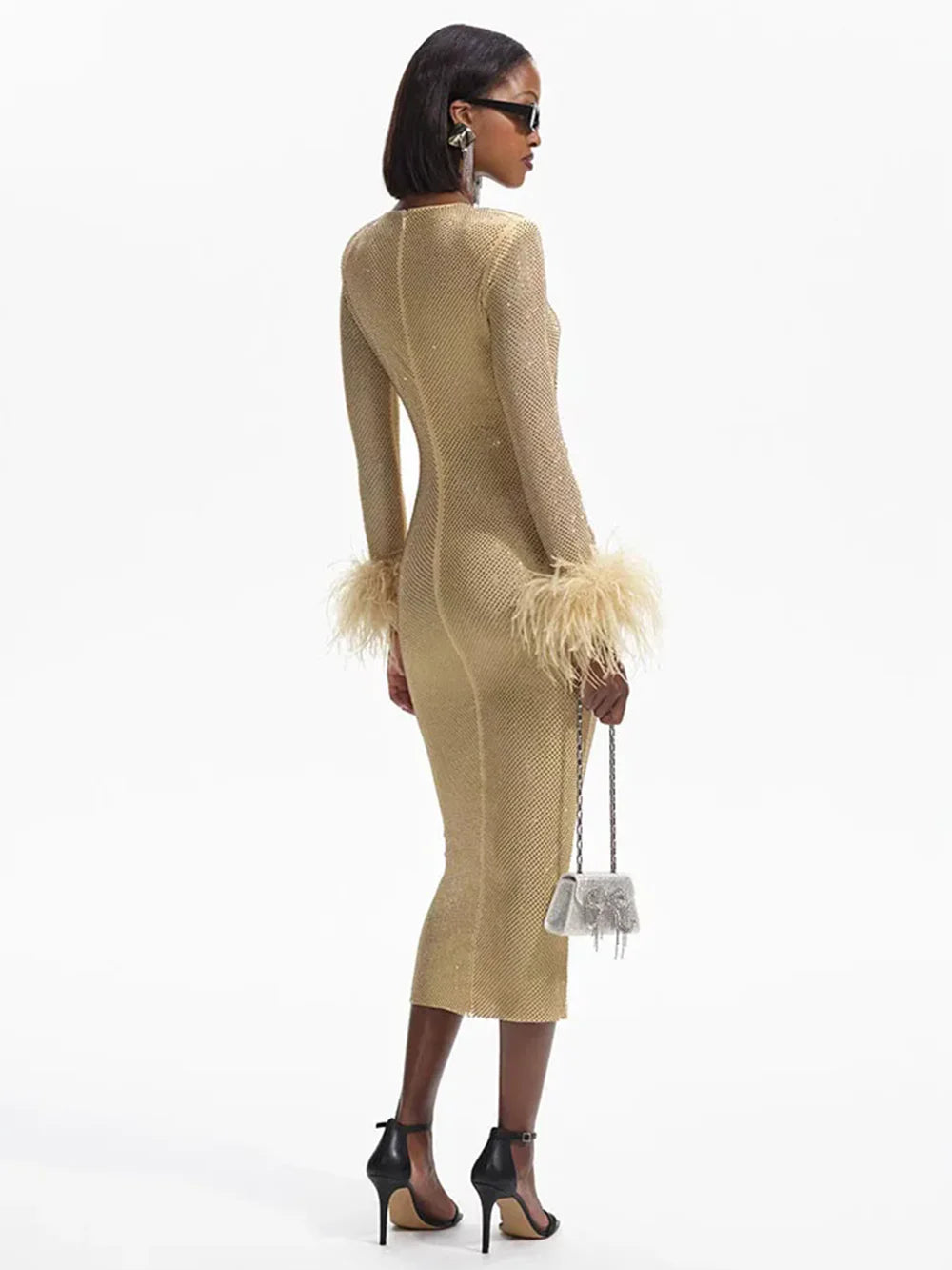 Long Sleeve Feathers Rhinestone Midi Dress - View 4