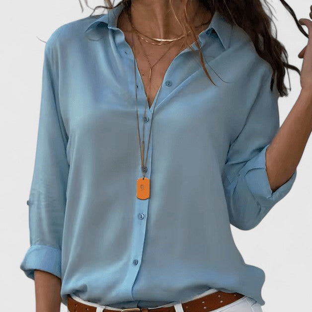 Collared Button Front Long Sleeve Satin Blouse 4