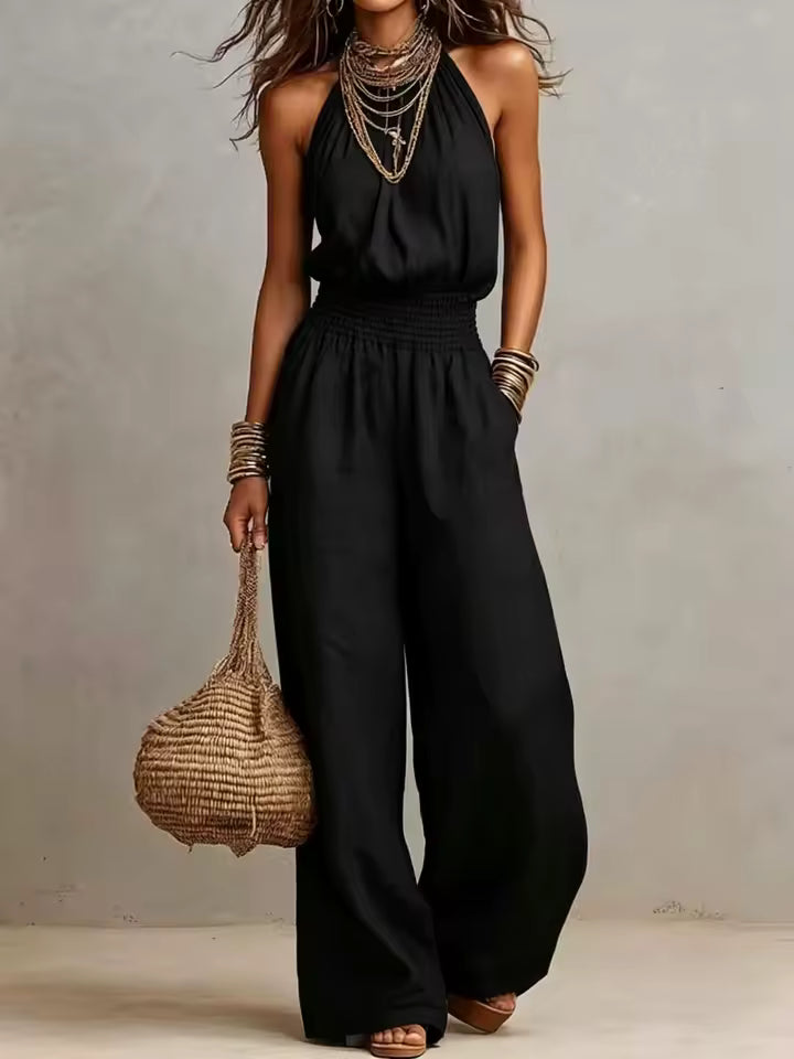 Halter Neck Smocked Waist Wide Leg Jumpsuit 3