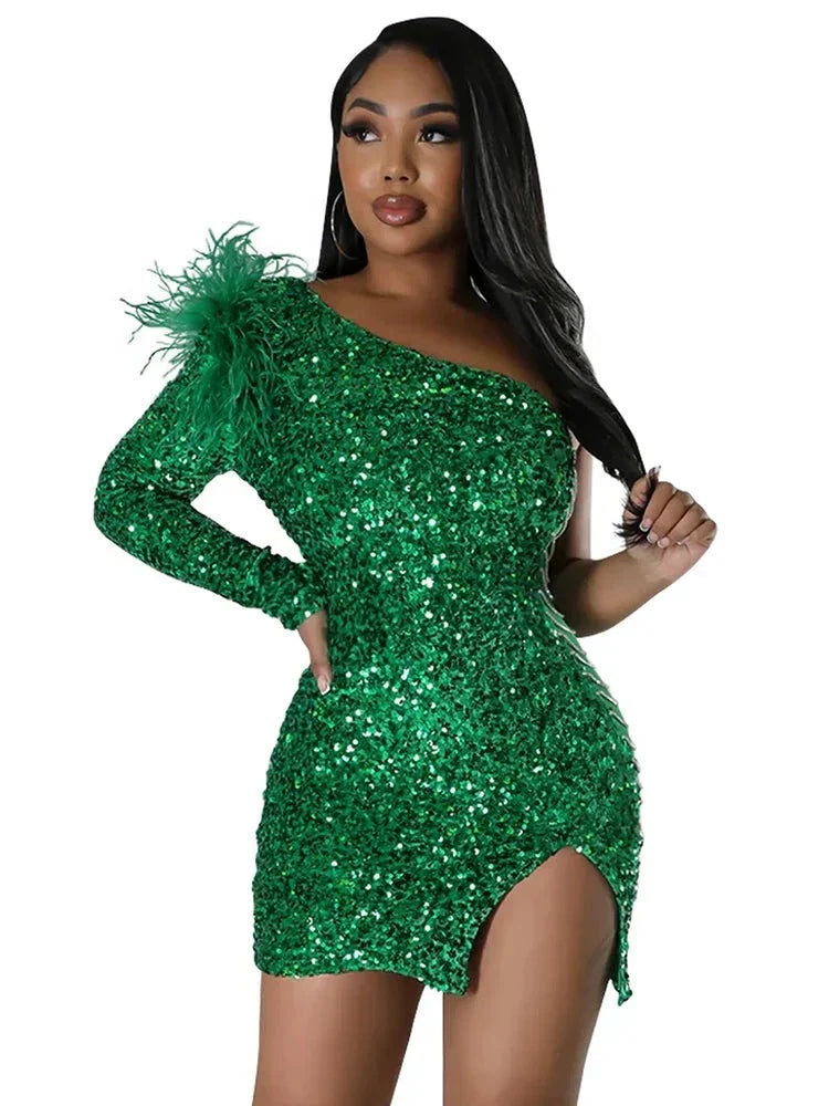 Sequin One Shoulder Feather Trim Chain Detail Mini Cocktail Dress - View 8