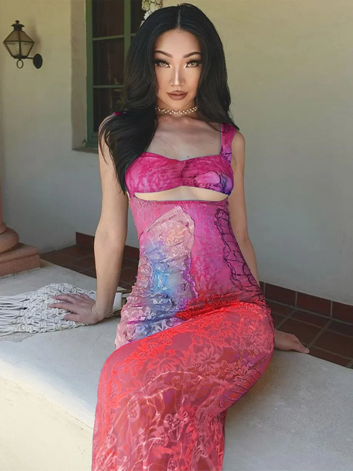 Lace Cut Out Bandage Maxi Floral Dress - View 6