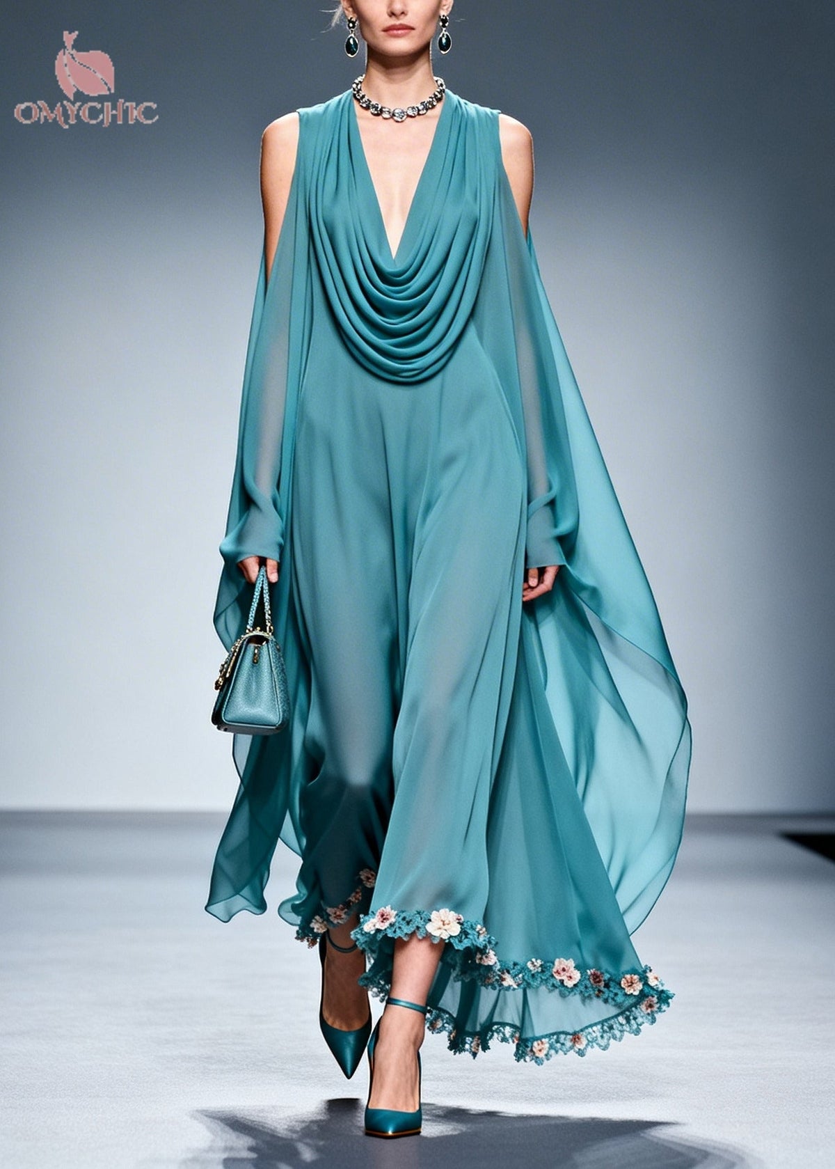Sea Blue Patchwork Chiffon Maxi Dresses Cold Shoulder Flower Lace Summer - View 5
