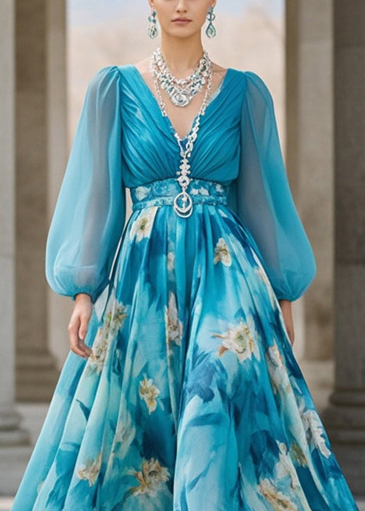 Chiffon Deep V-Neck Bishop Sleeve Ruched Bodice Belted Maxi Gown - View 2