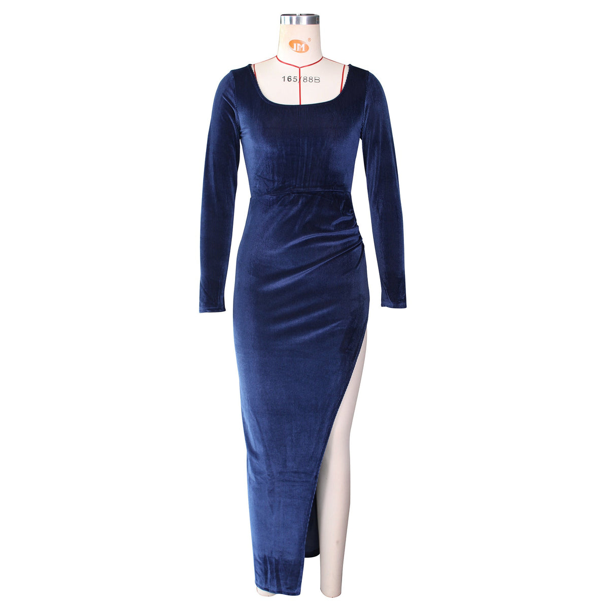 Velvet Square Neck Long Sleeve Ruched High Split Bodycon Maxi Dress 38