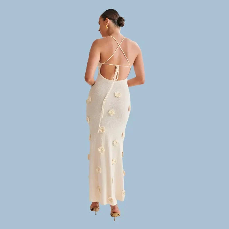 Knit V-Neck Spaghetti Strap Floral Applique Mermaid Maxi Dress - View 5