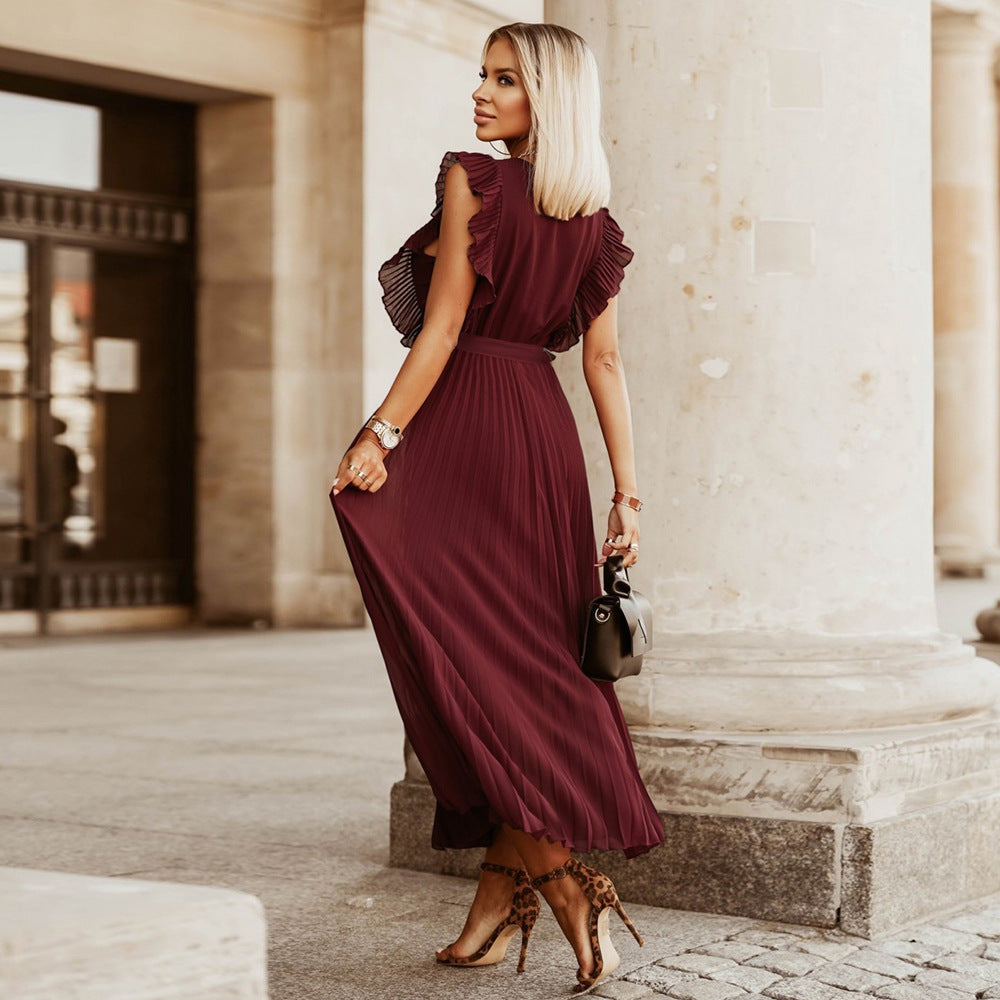 Deep V-Neck Ruffle Shoulder Accordion Pleat Tie Waist Maxi Dress - View 2