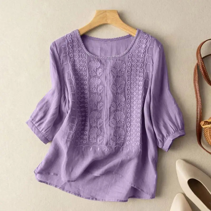 Round Neck Three Quarter Sleeve Embroidered Eyelet Blouse 5