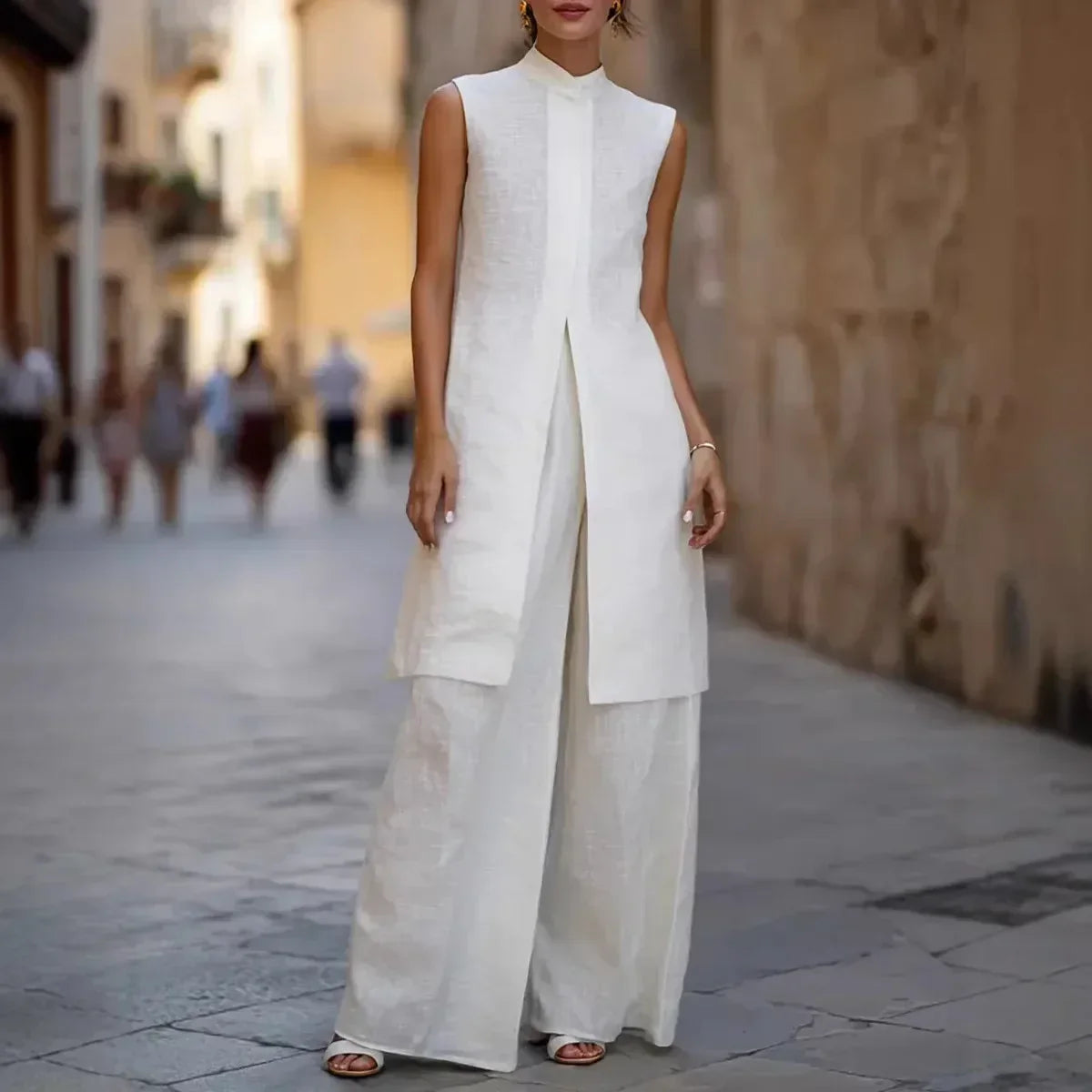 Stand Collar Sleeveless Split Longline Top and Wide Leg Pants Two Piece Set 3