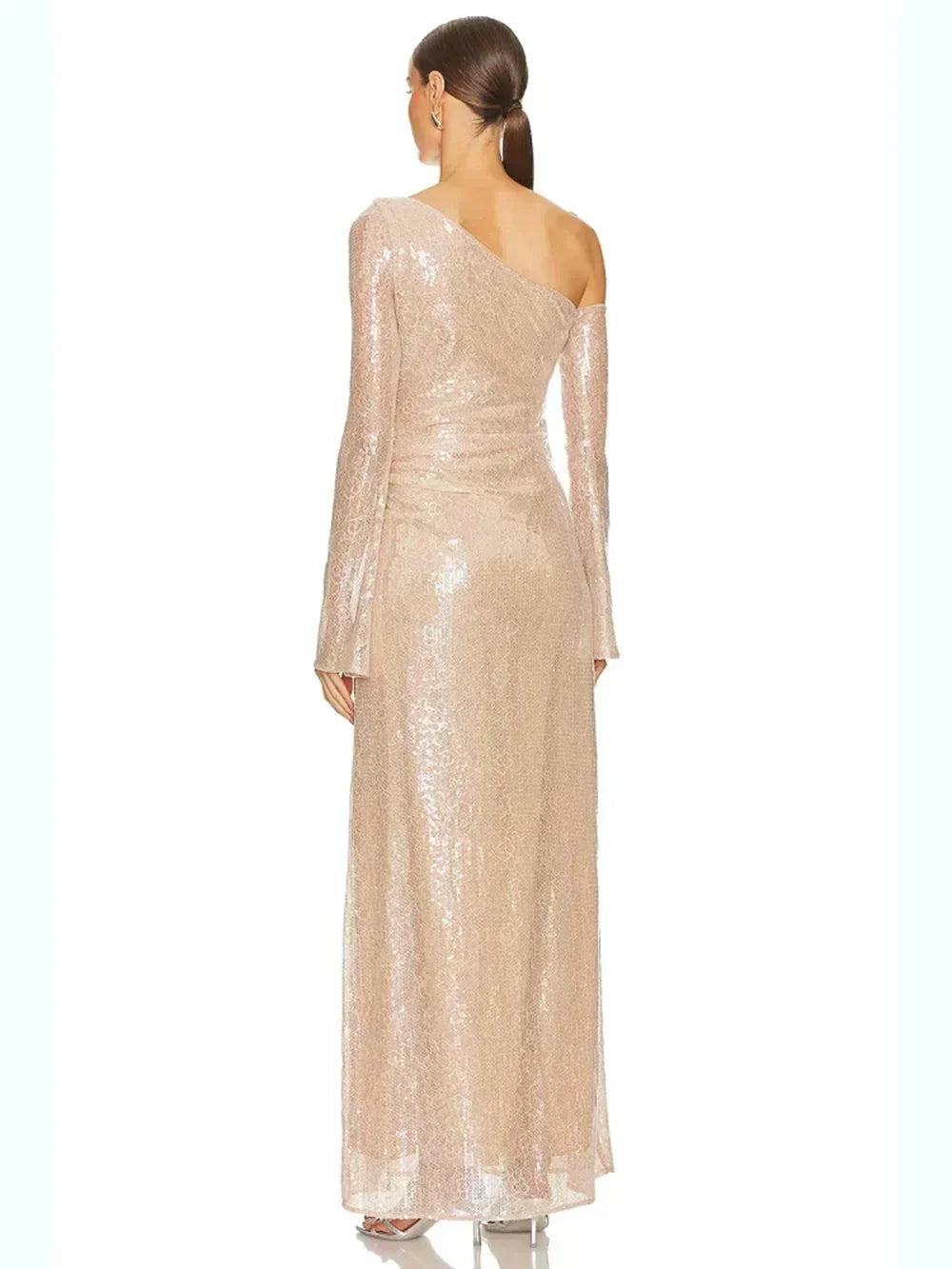 Sequin One Shoulder Long Sleeve 3D Floral Bodycon Maxi Dress - View 3