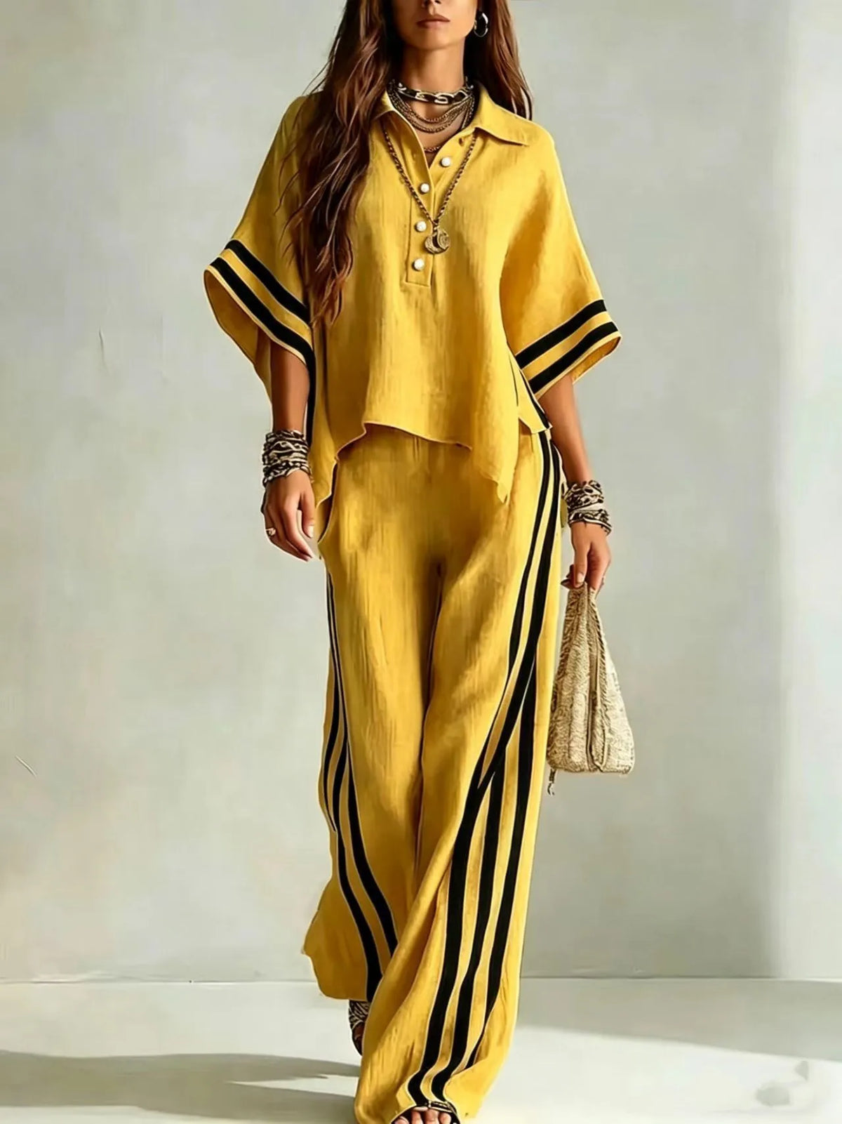 Collared Short Sleeve Top and Side Stripe Wide Leg Pants Two Piece Set 7