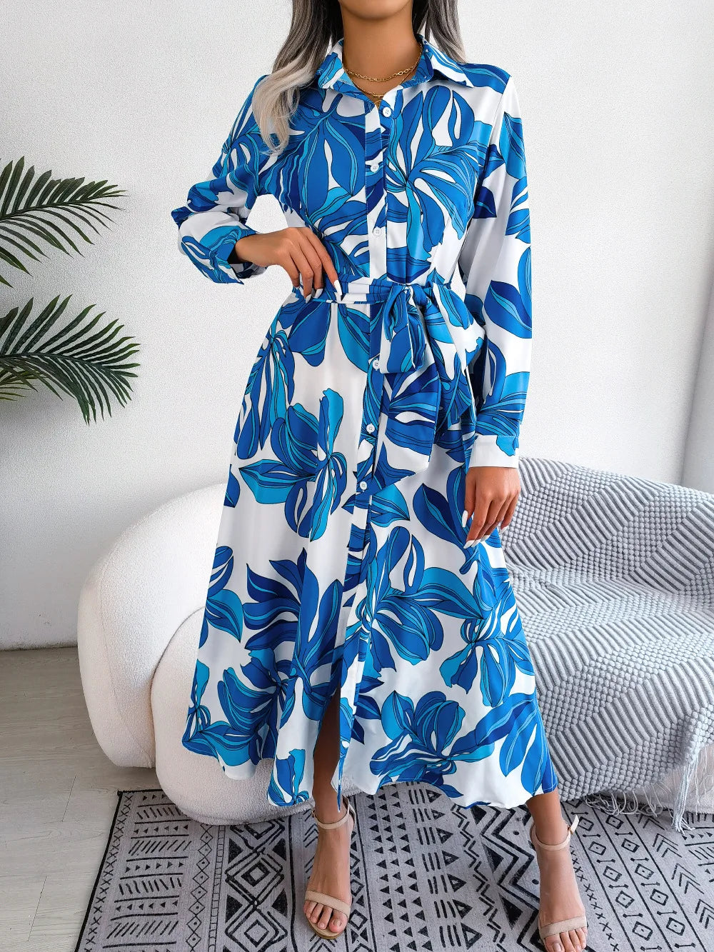 Floral Long Sleeve Belted Button Front Shirt Dress 2