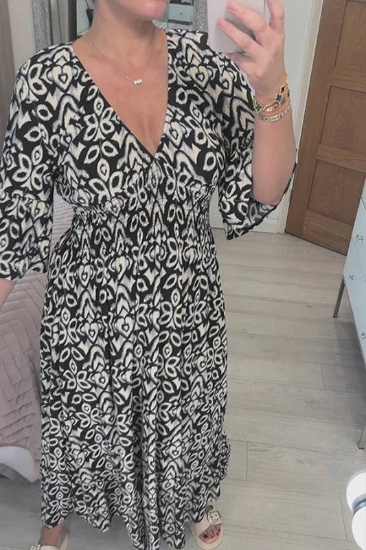Ikat Print V-Neck Bell Sleeve Smocked Waist Boho Midi Dress 2