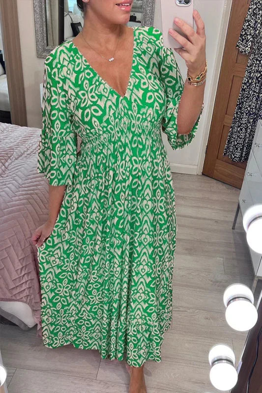 Ikat Print V-Neck Bell Sleeve Smocked Waist Boho Midi Dress 6