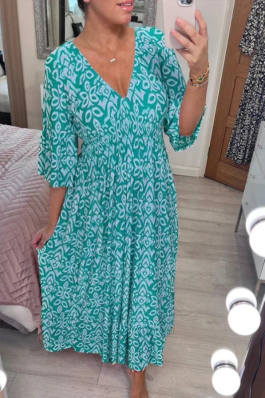 Ikat Print V-Neck Bell Sleeve Smocked Waist Boho Midi Dress 5