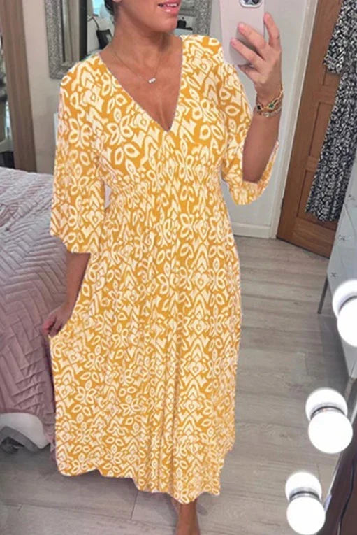 Ikat Print V-Neck Bell Sleeve Smocked Waist Boho Midi Dress 3