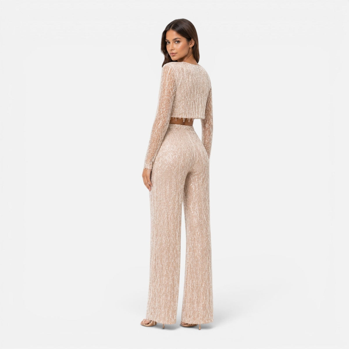 Sequin Fringe Long Sleeve Crop Top and Wide Leg Pants Two Piece Set 4